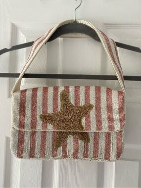 T.J.Maxx Beaded Stripe Shoulder Bag - Red and White with Gold Starfish